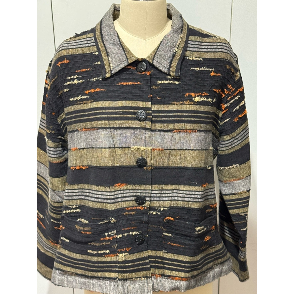 Women's anii Jacket Size M Black Gold textural Striped Cotton button front